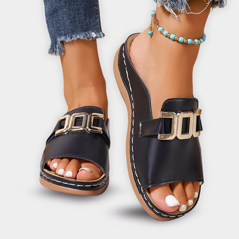 Rebecca - Women’s Chain Detail Flat Slide Sandals