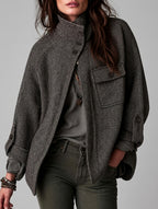 Reese - Women's Herringbone Wool-Blend Button-Up Cape Jacket