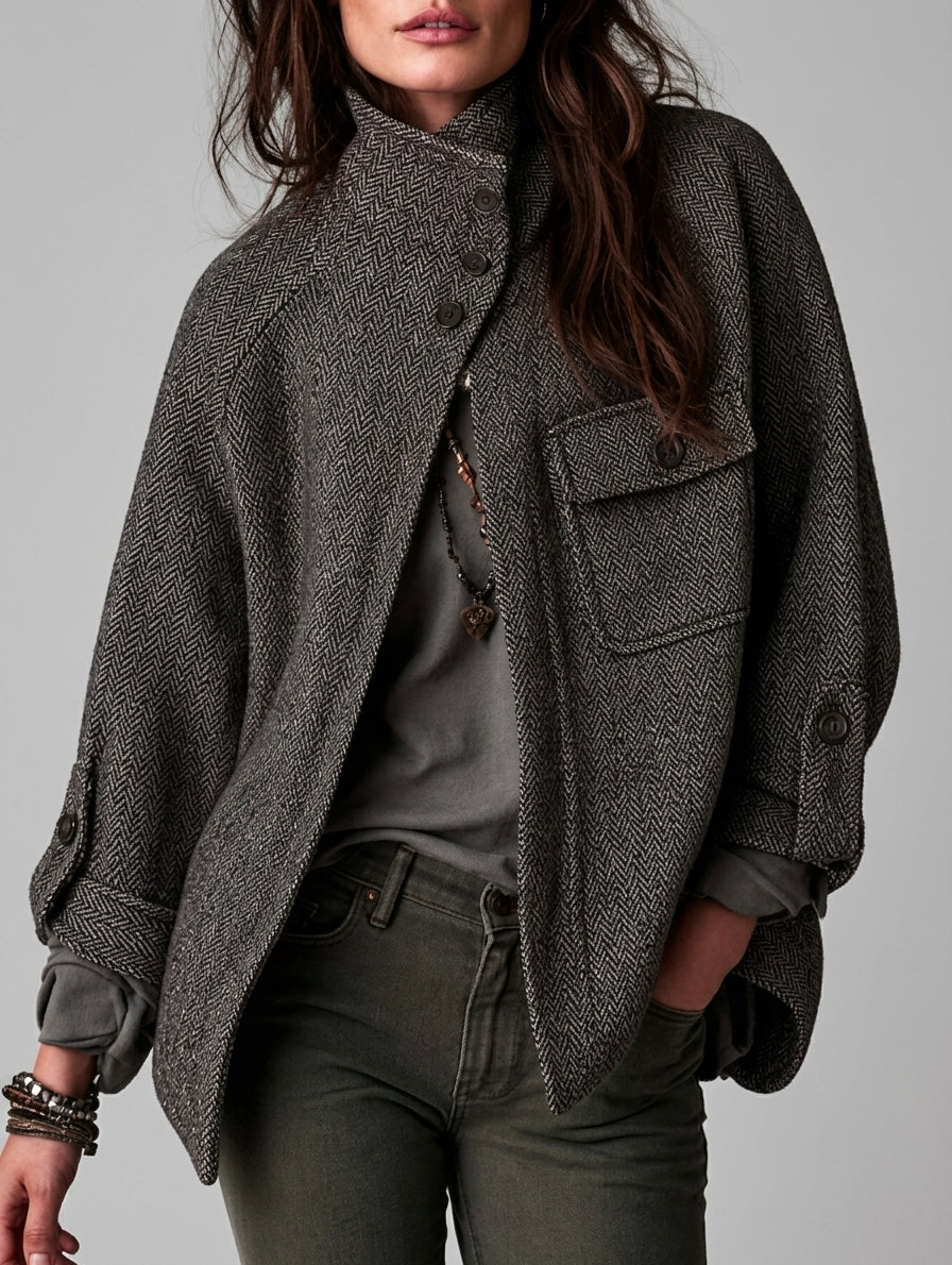 Reese - Women's Herringbone Wool-Blend Button-Up Cape Jacket