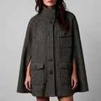 Reese - Women's Herringbone Wool-Blend Button-Up Cape Jacket