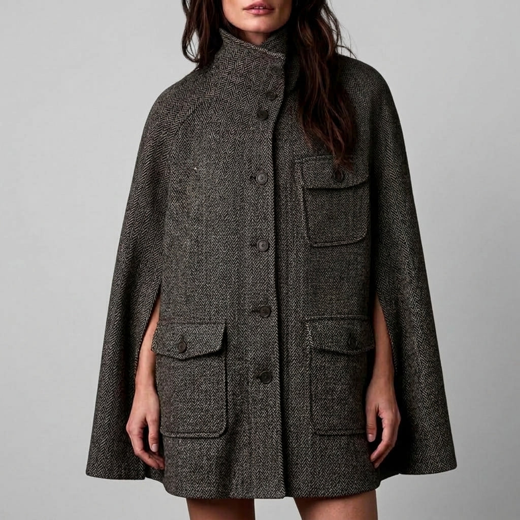 Reese - Women's Herringbone Wool-Blend Button-Up Cape Jacket