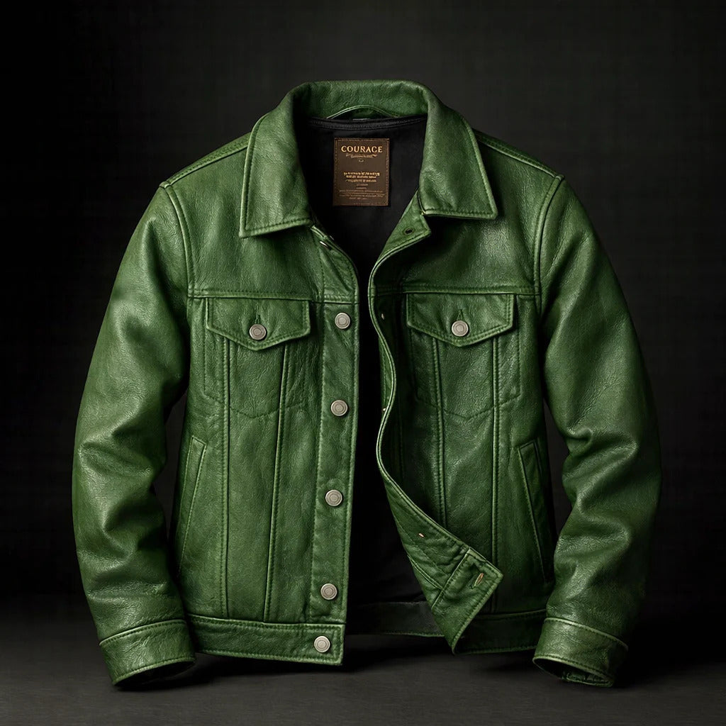 Robert - Men's Vintage Leather Trucker Jacket with Button Front
