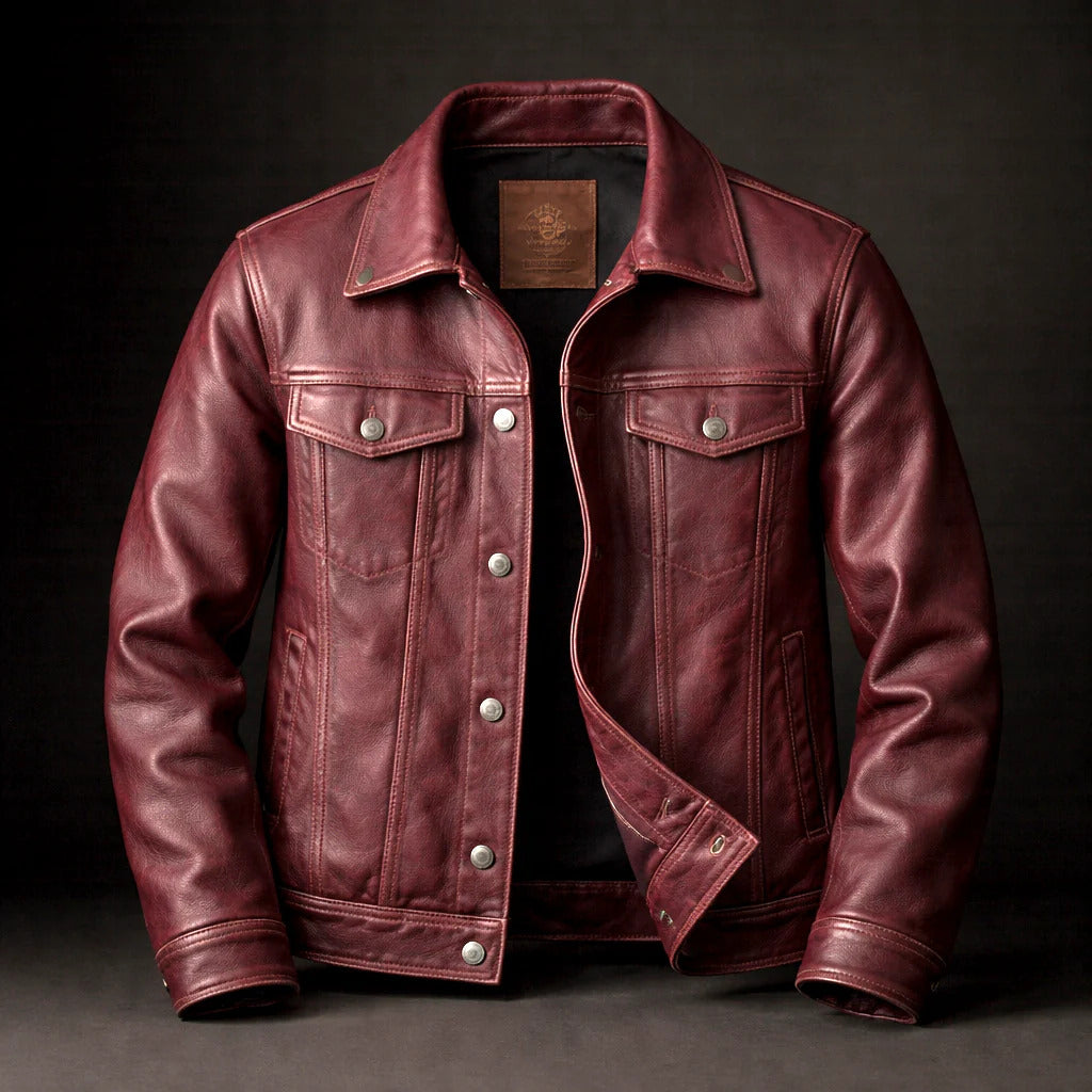 Robert - Men's Vintage Leather Trucker Jacket with Button Front