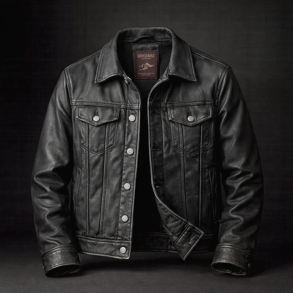 Robert - Men's Vintage Leather Trucker Jacket with Button Front