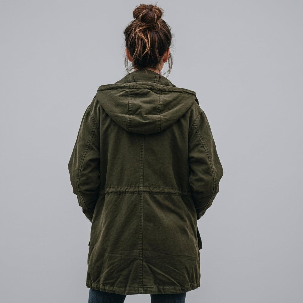 Saige - Women's Hooded Button-Front Utility Jacket with Flap Pockets