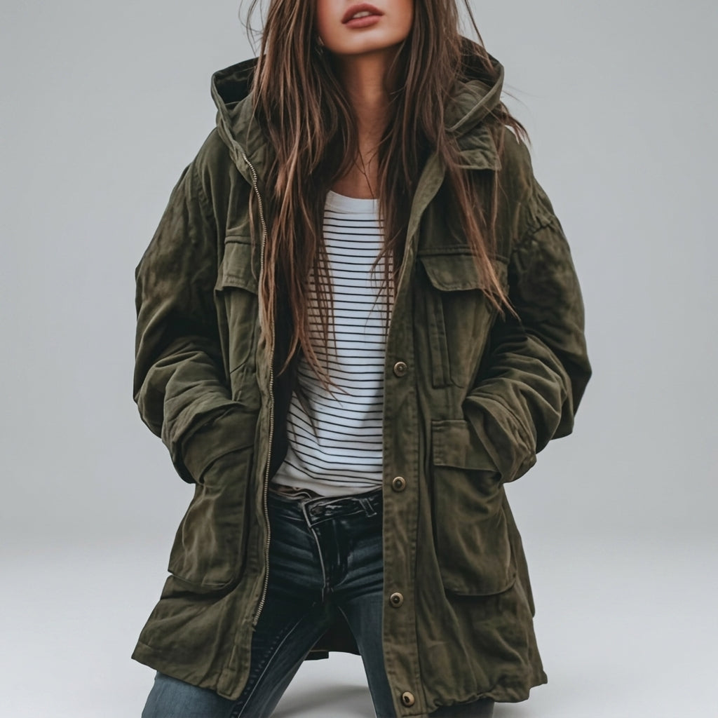 Saige - Women's Hooded Button-Front Utility Jacket with Flap Pockets