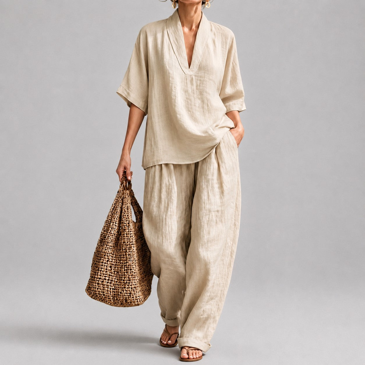 Sarah - Women's Loose V-Neck Two Piece Lounge Set