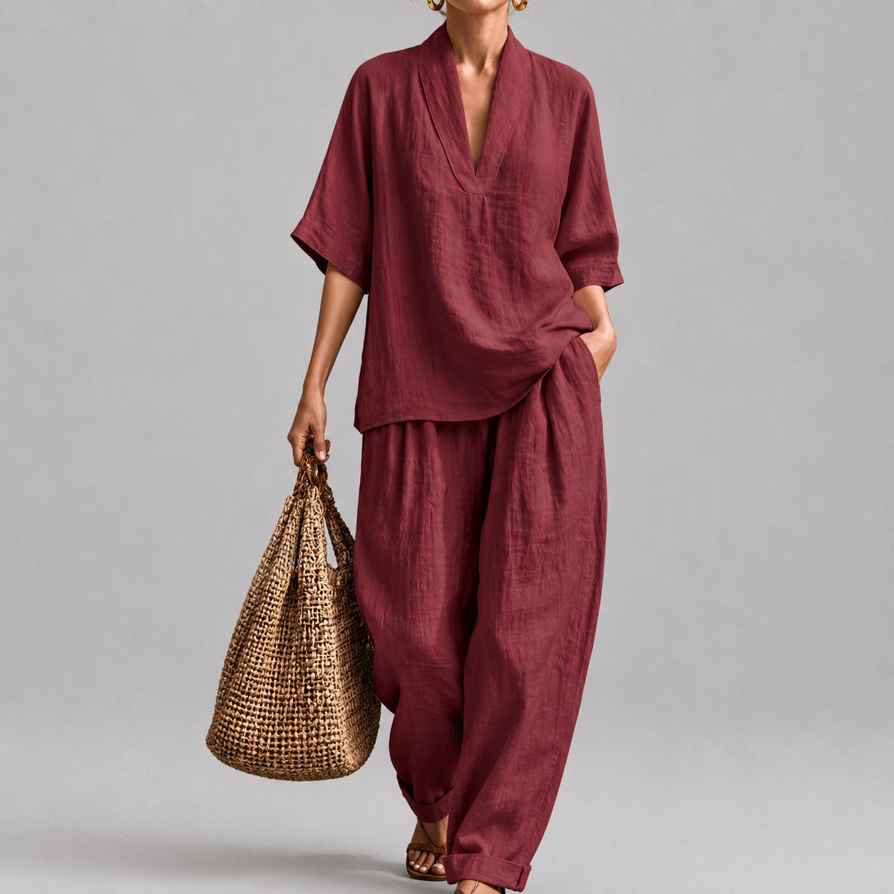 Sarah - Women's Loose V-Neck Two Piece Lounge Set