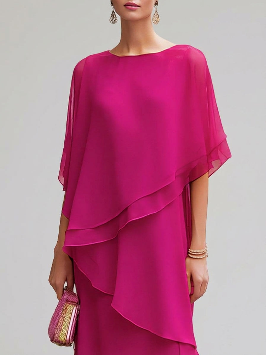 Shanie - Women's Asymmetric Tiered Chiffon Cape Dress