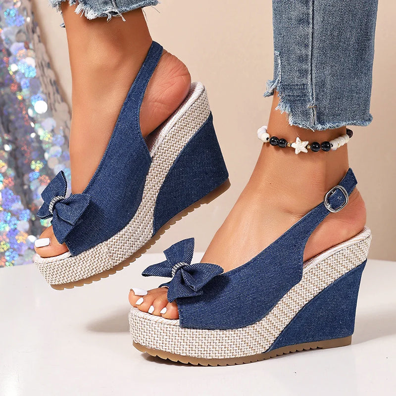Talia - Women's Denim Bow Wedge Sandals