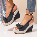 Talia - Women's Denim Bow Wedge Sandals