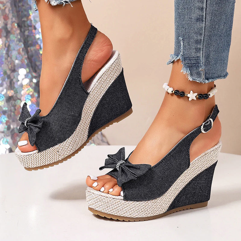Talia - Women's Denim Bow Wedge Sandals