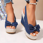 Talia - Women's Denim Bow Wedge Sandals