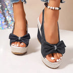 Talia - Women's Denim Bow Wedge Sandals