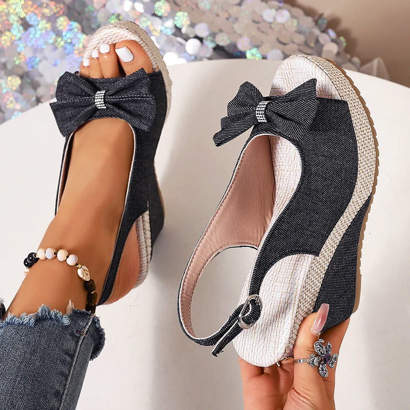 Talia - Women's Denim Bow Wedge Sandals