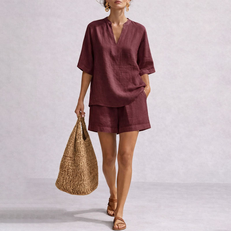 Taylor - Women's Notch Neck Loose Fit Two-Piece Summer Set