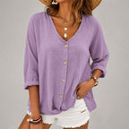 Vanessa - Women's Loose Fit Textured Button-Front Top