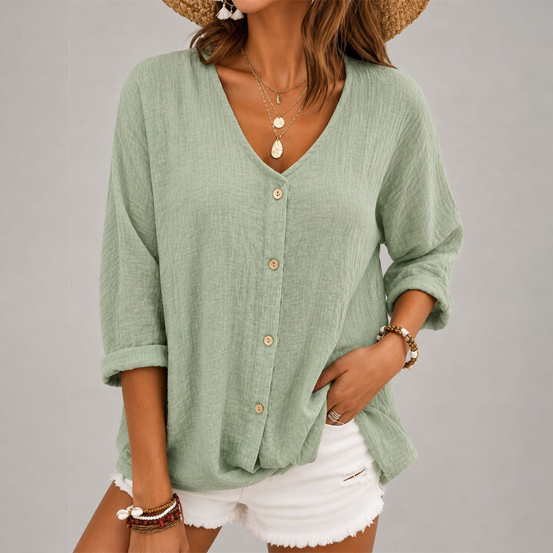 Vanessa - Women's Loose Fit Textured Button-Front Top