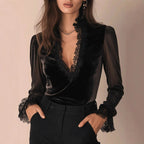 Vanessa - Women's Lace Trim V-Neck Velvet Top