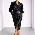 Victoria - Women's Faux Leather Wrap Front Midi Dress
