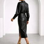 Victoria - Women's Faux Leather Wrap Front Midi Dress