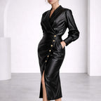 Victoria - Women's Faux Leather Wrap Front Midi Dress