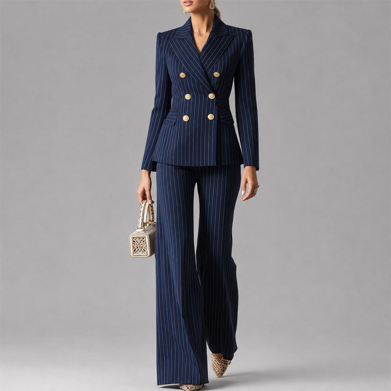 Yvonne - Women's Pinstripe Double-Breasted Pantsuit Set