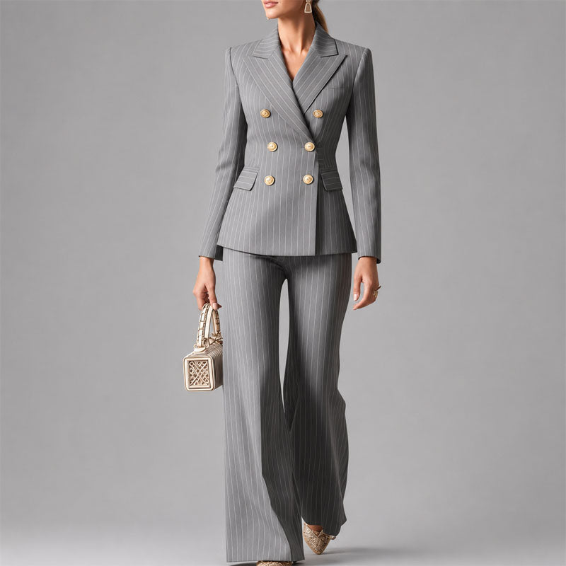 Yvonne - Women's Pinstripe Double-Breasted Pantsuit Set