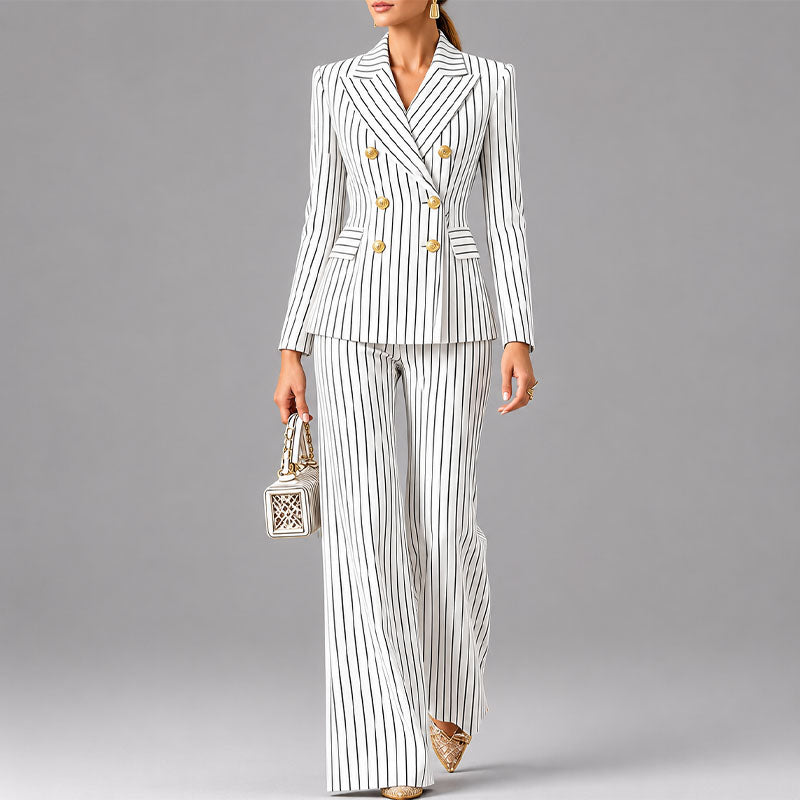 Yvonne - Women's Pinstripe Double-Breasted Pantsuit Set
