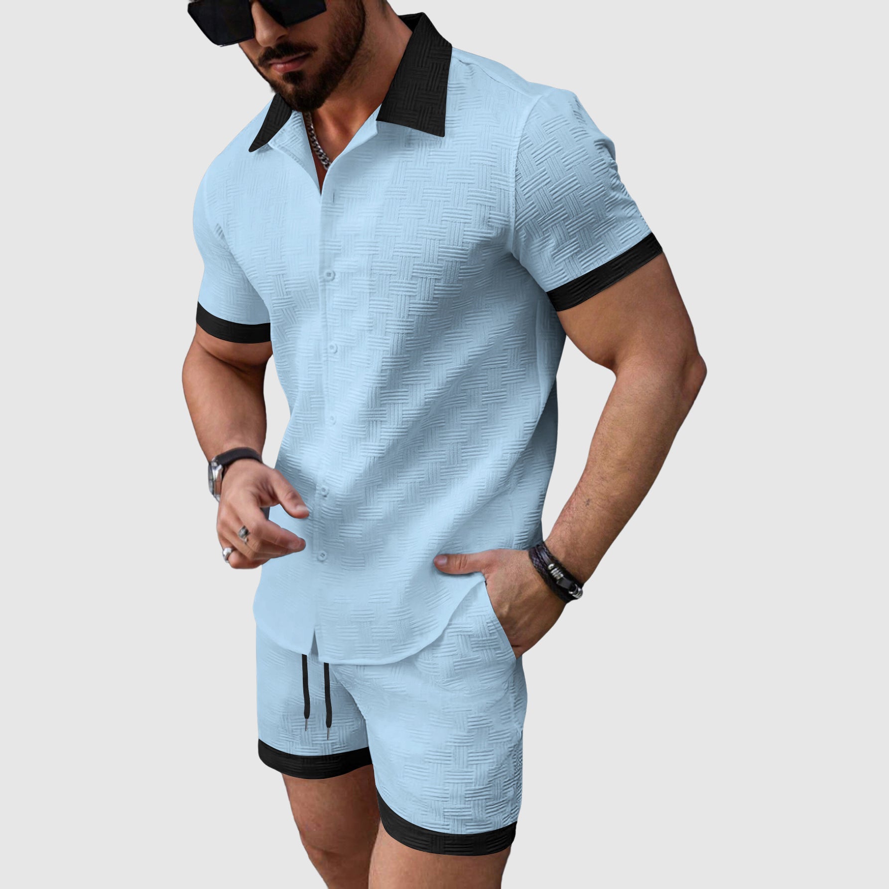 Zachary - Men's Textured Short Sleeve Shirt and Shorts Set