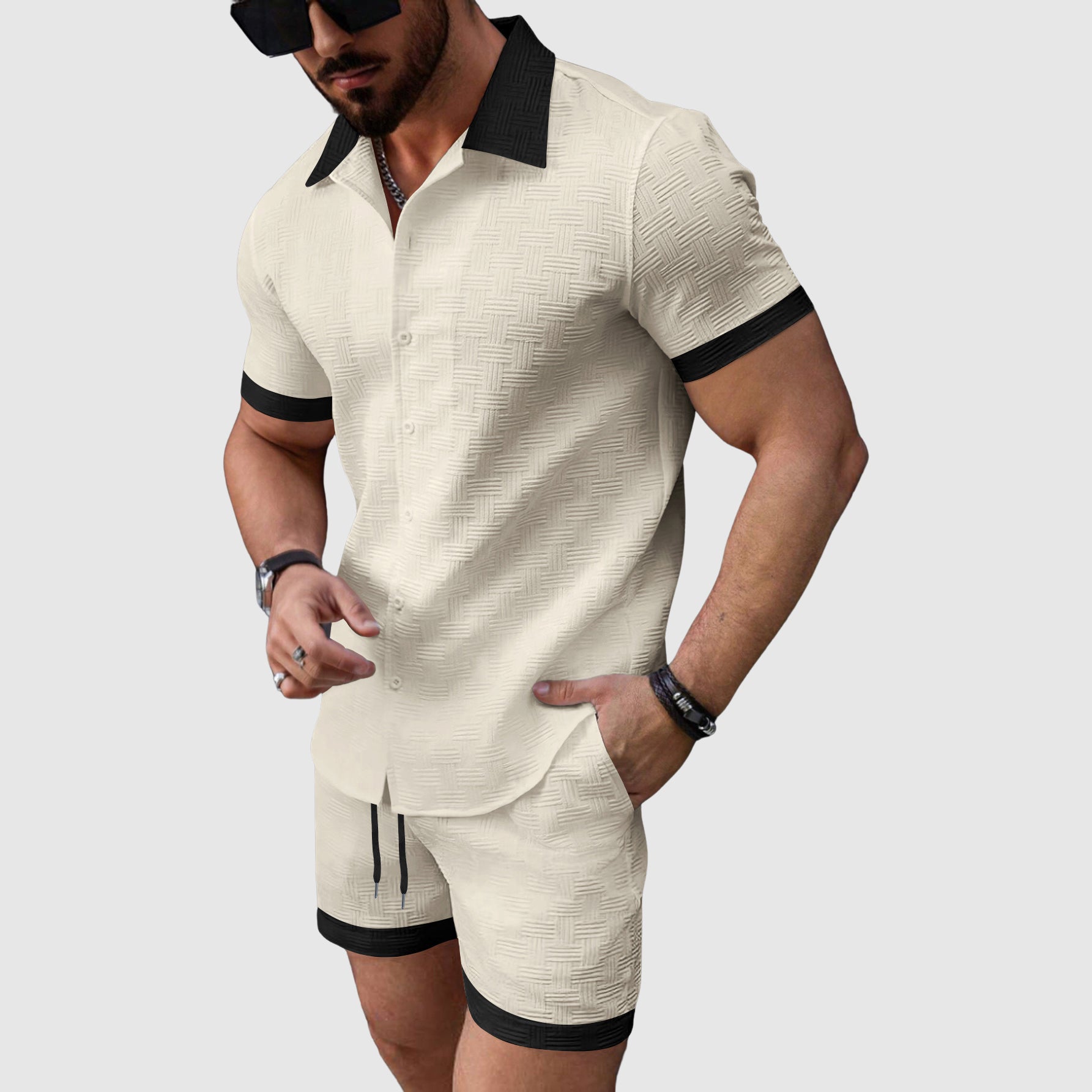 Zachary - Men's Textured Short Sleeve Shirt and Shorts Set