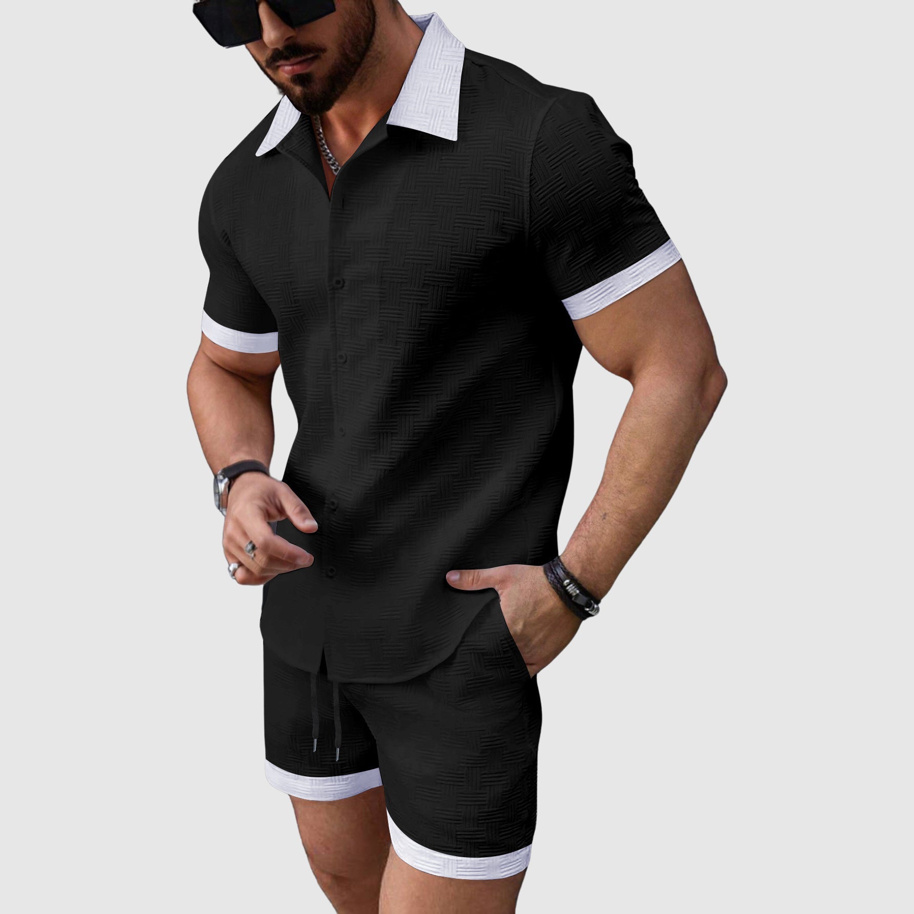 Zachary - Men's Textured Short Sleeve Shirt and Shorts Set