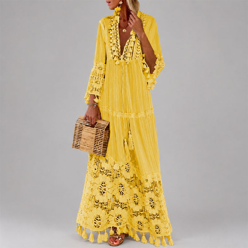 Zoe - Women's Crochet Trim Tassel Boho Maxi Dress