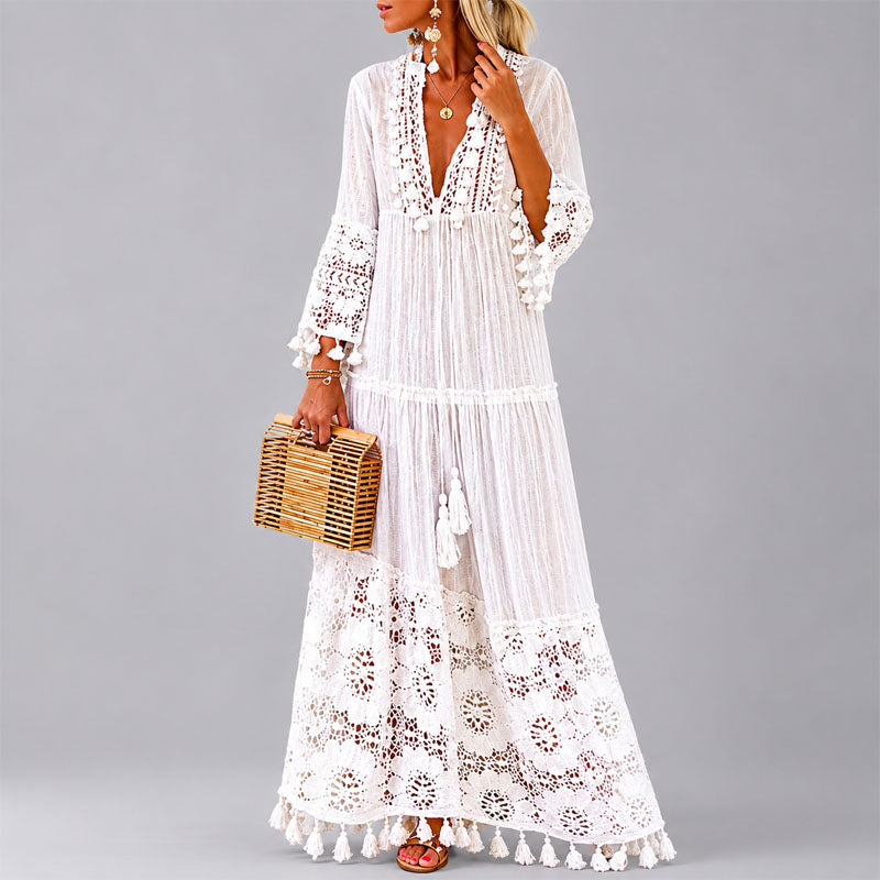Zoe - Women's Crochet Trim Tassel Boho Maxi Dress