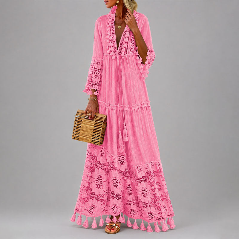 Zoe - Women's Crochet Trim Tassel Boho Maxi Dress