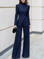 Abby - Women's Pinstripe Asymmetrical Wrap Blazer & Wide-Leg Pants Set