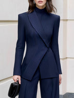 Abby - Women's Pinstripe Asymmetrical Wrap Blazer & Wide-Leg Pants Set