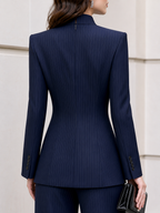Abby - Women's Pinstripe Asymmetrical Wrap Blazer & Wide-Leg Pants Set