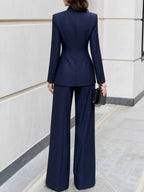 Abby - Women's Pinstripe Asymmetrical Wrap Blazer & Wide-Leg Pants Set