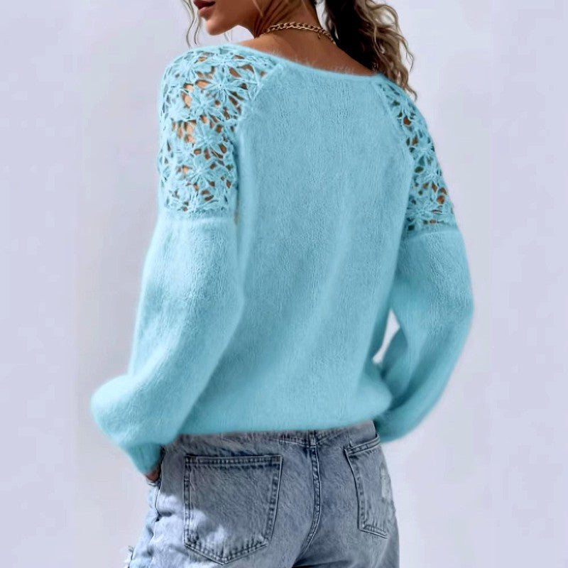 Alida - Women's Lace Shoulder Fuzzy Knit Sweater 7