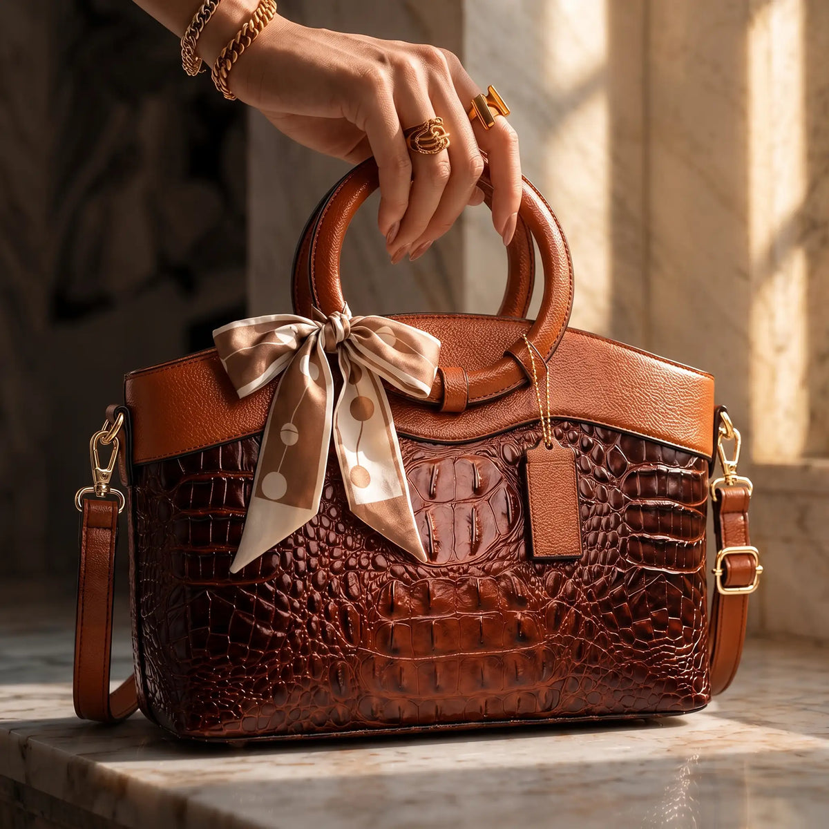 Alie – Women's Crocodile-Embossed Leather Handbag with Round Handles