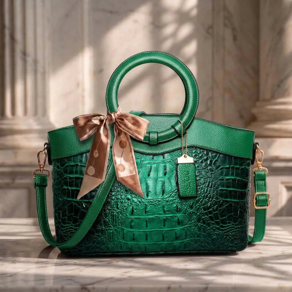 Alie – Women's Crocodile-Embossed Leather Handbag with Round Handles