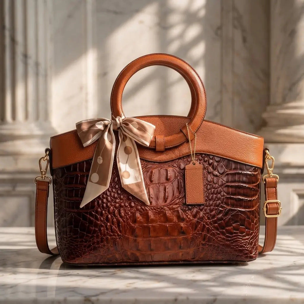 Alie – Women's Crocodile-Embossed Leather Handbag with Round Handles