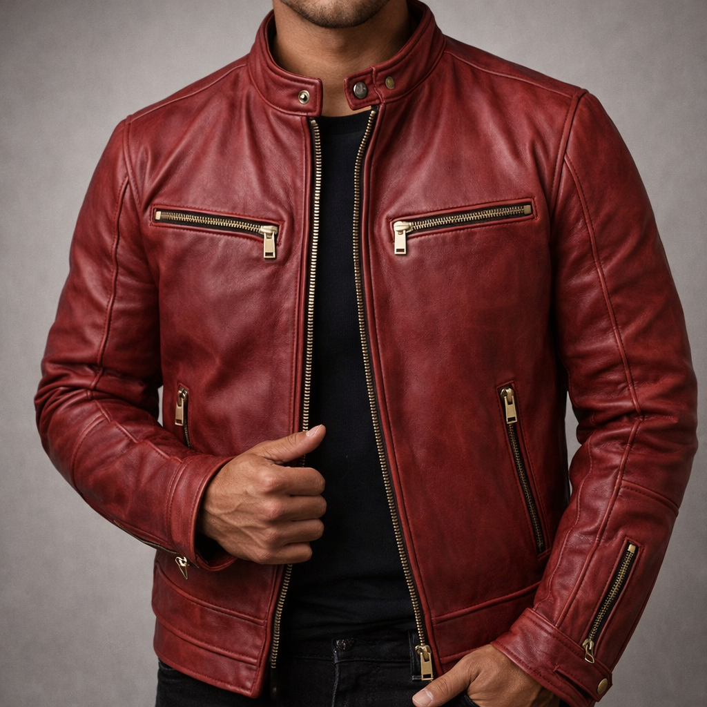 Arthur - Men's Vintage Leather Moto Jacket with Gold Zip Hardware