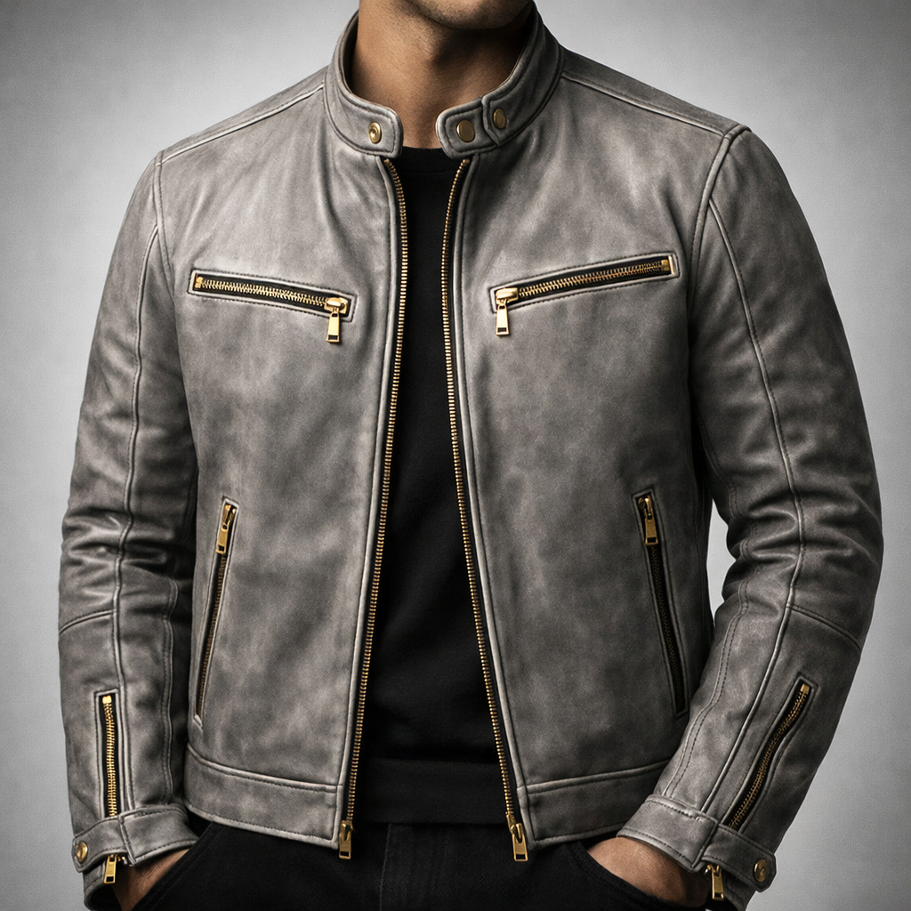 Arthur - Men's Vintage Leather Moto Jacket with Gold Zip Hardware