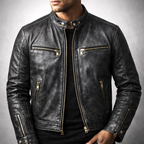 Arthur - Men's Vintage Leather Moto Jacket with Gold Zip Hardware