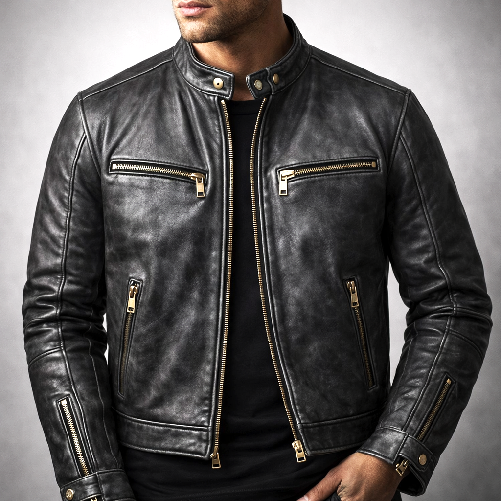 Arthur - Men's Vintage Leather Moto Jacket with Gold Zip Hardware