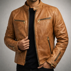 Arthur - Men's Vintage Leather Moto Jacket with Gold Zip Hardware