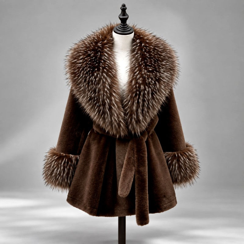 Augusta - Women's Faux Fur Belted Coat with Oversized Collar 1