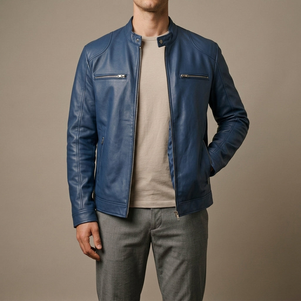 Austin - Men's Leather Moto Jacket with Zip Chest Pockets